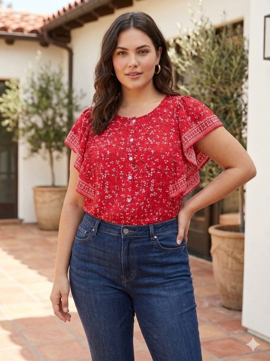 Max Studio Tops - Max Studio Red Floral Ruffle-Sleeve Button Front Blouse